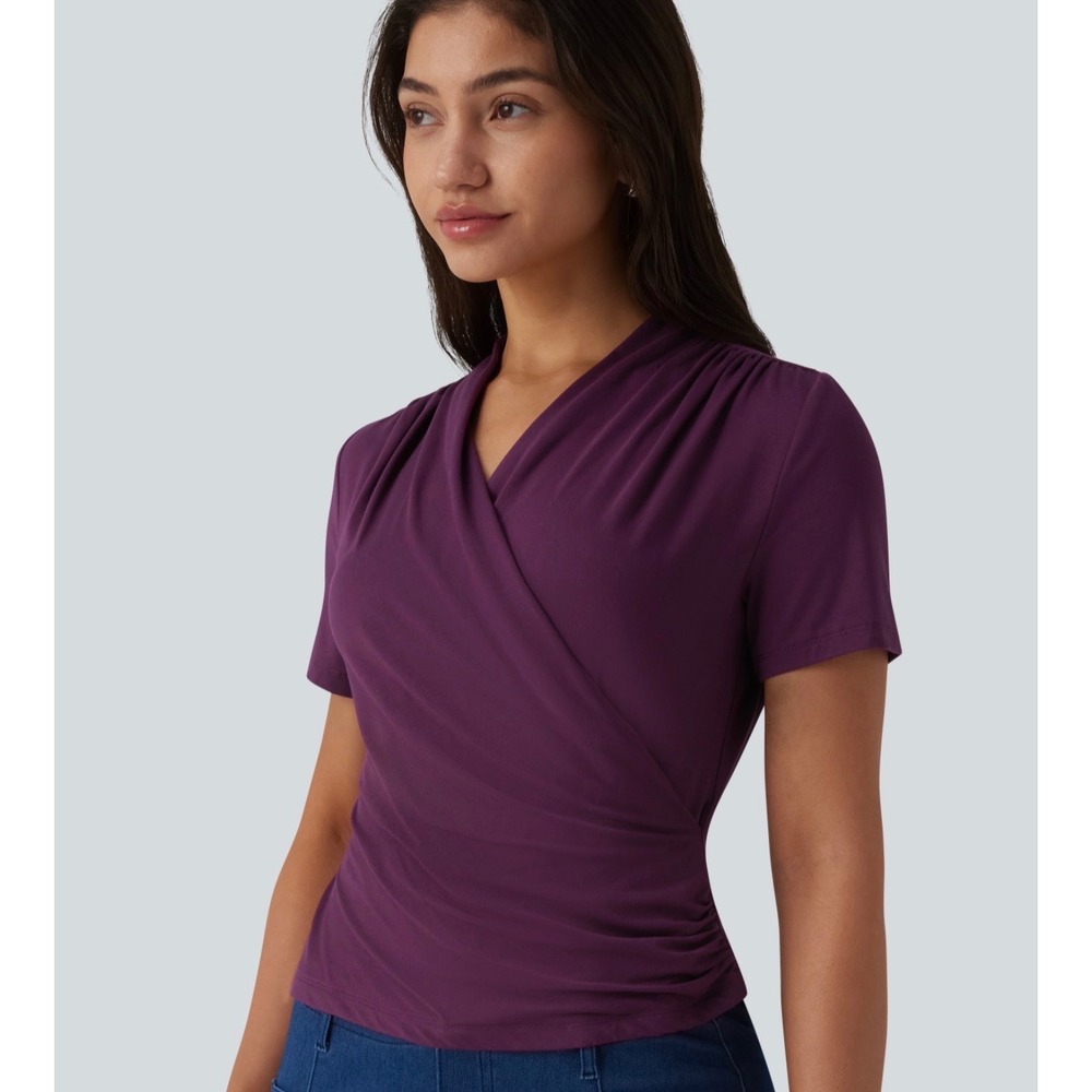 Halara Women Purple V Neck Short Sleeve Faux Wrap Work Blouse Top Large NEW
